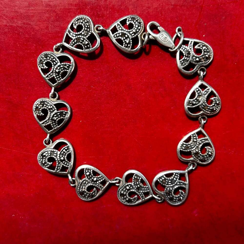SB 925 Sterling Silver Marcasite Heart Link Bracelet